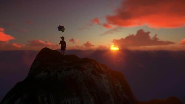 被遗弃的小女孩拿着气球在山顶上 美丽的日落 — 图库视频影像