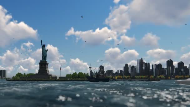 Статуя Свободы Корабли Парусники Манхэттен Нью Йорк Против Голубого Неба — стоковое видео