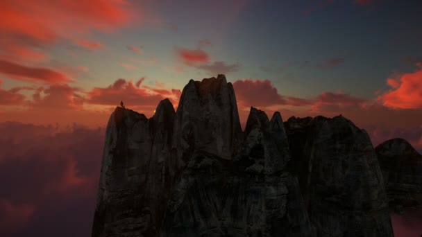Wanderer Auf Einem Berg Über Wolken Gegen Schönen Sonnenuntergang Drohne — Stockvideo