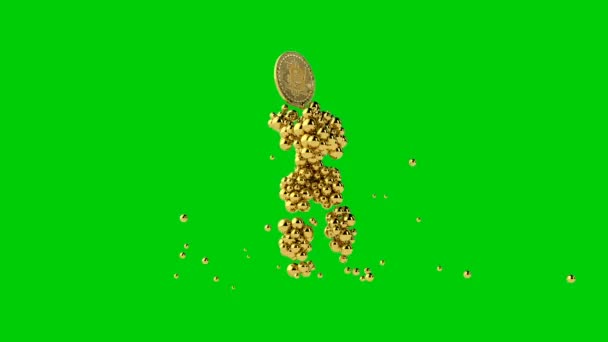 Zlaté Loutka Bitcoing Hlavou Tance Zlaté Koule Padá Green Screen — Stock video