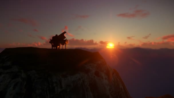 Muž na vrcholu hory nad mraky proti krásný východ slunce na piano, DRONY zobrazení 4 k — Stock video