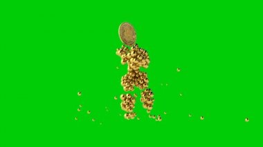 Dans, altın küreler düşme, Bitcoing kafa yeşil ekran ile altın kukla