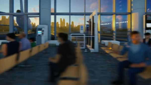 Passagerare i flygplatsterminalen som med flygplan och stadens silhuett mot vacker soluppgång, panorering — Stockvideo