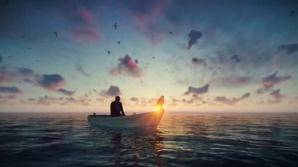 Fisherman surrounded by seagulls, sitting on a boat in the middle of the ocean against beautiful sunset, 4K — Stock Video