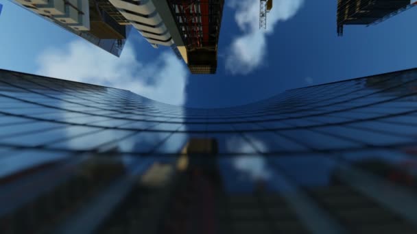 Kontors byggnad fasad och flyg plan som passerar mot blå himmel, resa kamera — Stockvideo