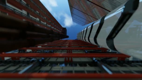 Bâtiment de bureau contre le ciel bleu, appareil-photo de mouche — Video