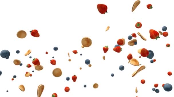 Strawberries, blueberries and pancakes flying in slow motion against white — Stock Video