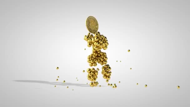 Золота маріонетка з танцями на голові Bitcoing, золоті сфери падають, проти білого — стокове відео