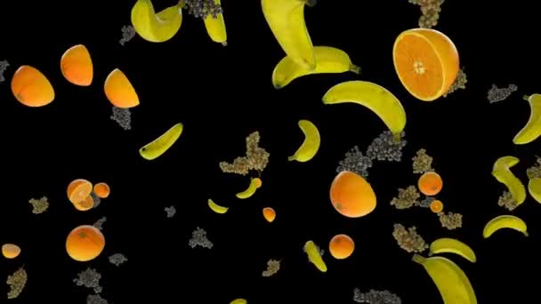 Čerstvé vinné hrozny, banány a pomeranče plující pomalým pohybem proti černé
