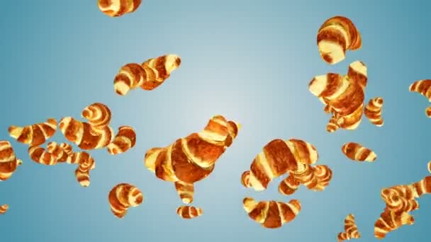 Croissants Fliegen Zeitlupe Gegen Blauen Gradienten — Stockvideo