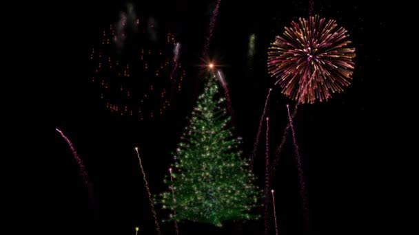 Kerstverlichting Boom Draaiend Tegen Vuurwerk Display Luma Matte — Stockvideo