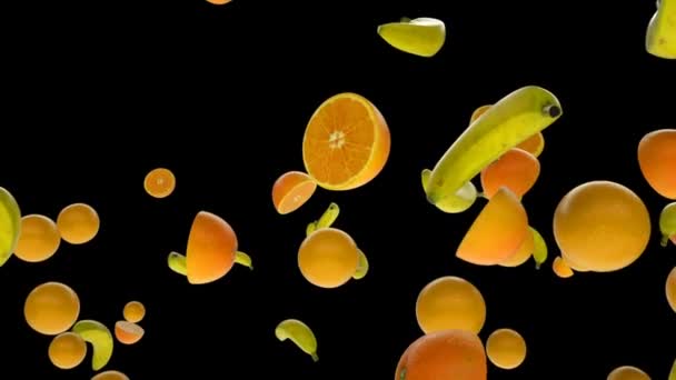 Frische Bananen Und Orangen Fliegen Zeitlupe Luma Matte Befestigt — Stockvideo