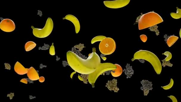 Fresh Grapes Bananas Oranges Flying Slow Motion Luma Matte Attached — Stock Video