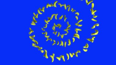 Muz meyvesi sarmal şeklinde uçuyor, üst görünüm, pürüzsüz döngü, Mavi Ekran Kromakey