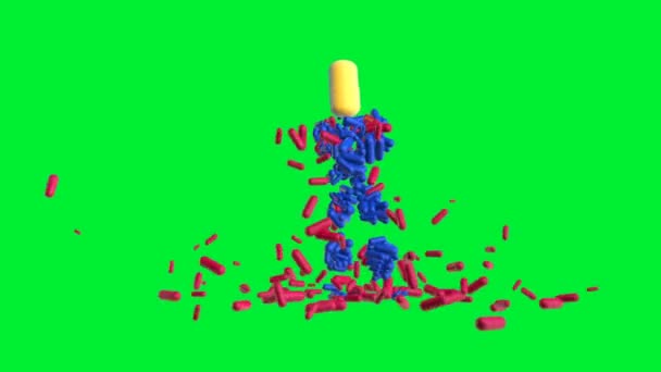 Colorful Medicine Pills Mannequin Dancing Green Screen — Stock Video