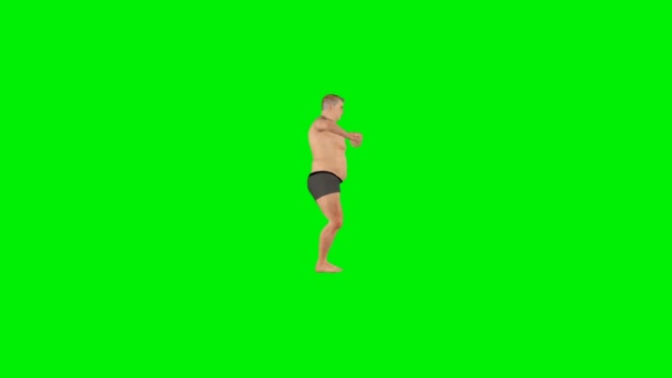 Kövér ember csinál egy buta csirke tánc, oldalnézet zökkenőmentes hurkot, zöld képernyő