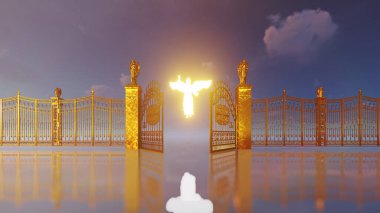 Golden gates of heaven opening to reaveal glowing angel and flying white dove clipart