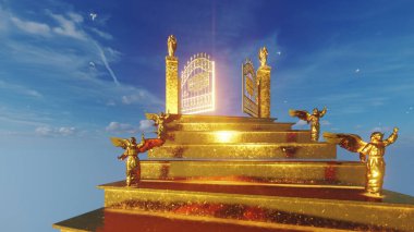 Golden Angels on stairs towards the Gates of Heaven against blue sky clipart