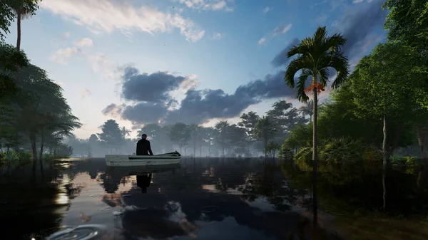 Fischer See Tropischen Dschungel Gegen Den Abendhimmel — Stockfoto
