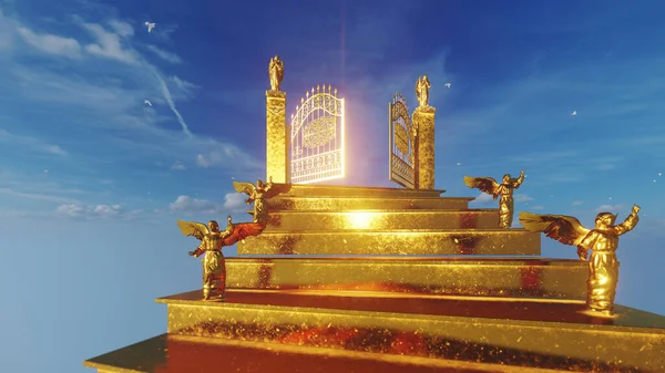 Goldene Engel Auf Der Treppe Zum Himmelstor Vor Blauem Himmel — Stockfoto