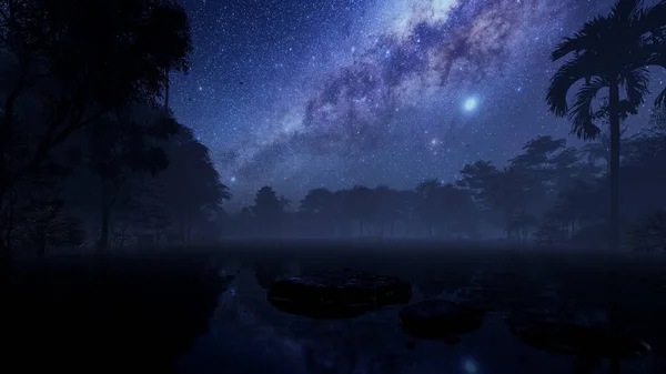 Камни Озере Окружении Тропических Джунглей Против Звездного Неба — стоковое фото