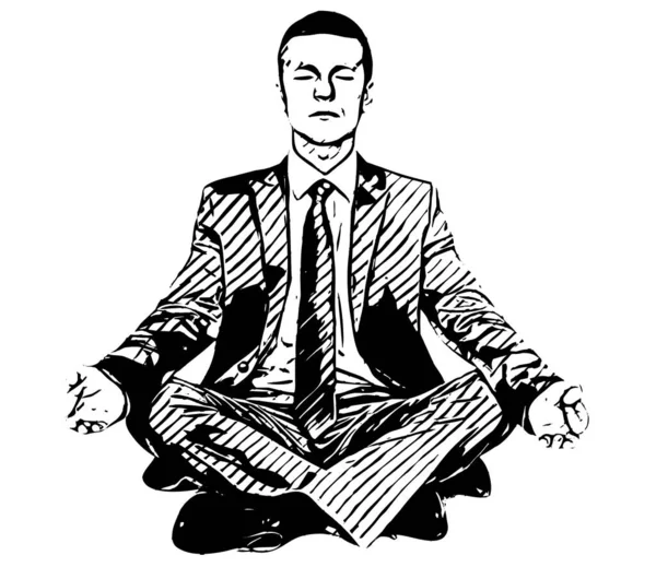 Hombre Negocios Meditando Boceto Vectorial Blanco Negro — Vector de stock