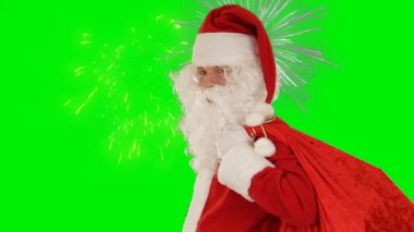 Noel Baba, havai fişeklere karşı bir öpücük ve el sallıyor, Yeşil Ekran Chromakey