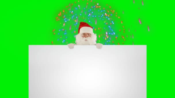 サンタクロースは休日の花火 緑の画面クロマキーに対する白いシートの後ろに表示されます — ストック動画