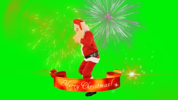 Kerstman Dans Met Vrolijk Kerstlint Vuurwerk Groen Scherm Chromakey — Stockvideo