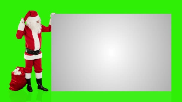 Santa Claus Třesoucí Zvonek Prezentující Bílý List Zelená Obrazovka — Stock video