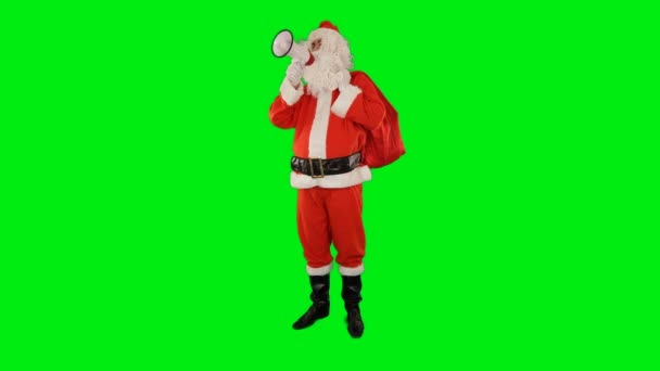 Santa Claus Taškou Plnou Dárků Mluvící Přes Megafon Green Screen — Stock video