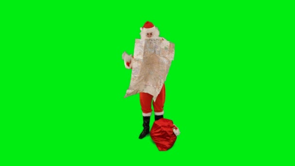 Santa Claus Con Una Bolsa Llena Regalos Mirando Mapa Vista — Vídeos de Stock