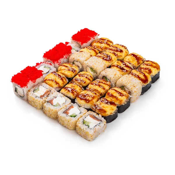Japanese Cuisine Sushi Rolls Big Set Isolation White Background — Stock Photo, Image