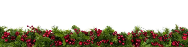 Christmas Garland Border Red Berries Isolated White Extra Wide — Stock Photo, Image