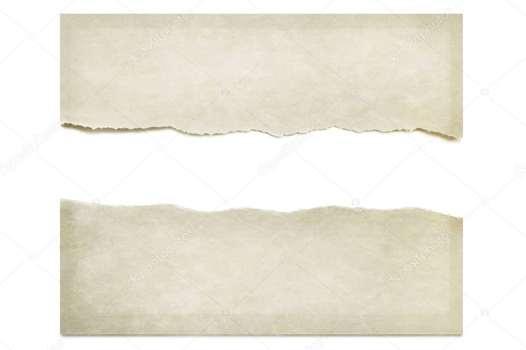 Paper torn in half, isolated on white with drop shadow. Space for text.