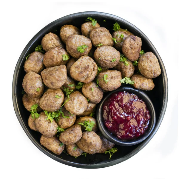 Swedish Meatballs Lingonberry Black Plate Top View Isolated White — Stock Photo, Image