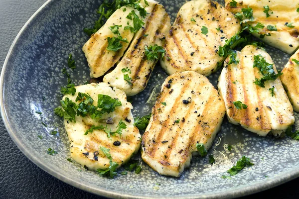 Grilled Haloumi Cheese Stone Serving Dish Topped Parsley — Stock Photo, Image