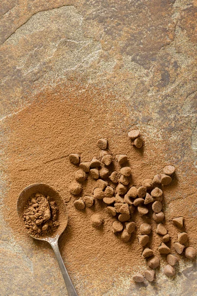Chocolate Bits Cocoa Powder Stone Background Top View — Stock Photo, Image