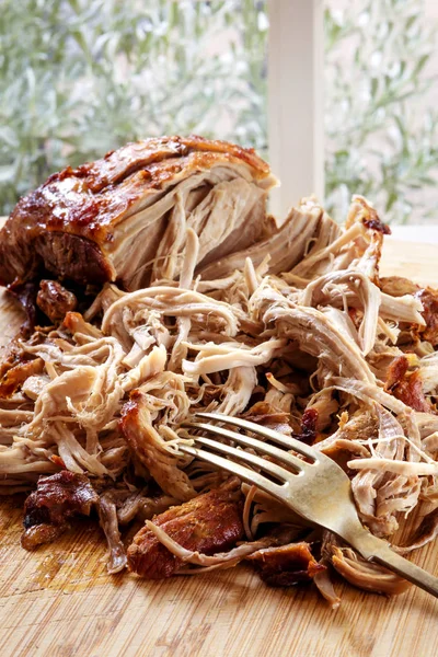 Pulled Pork Roast on Board with Fork — Stock Photo, Image