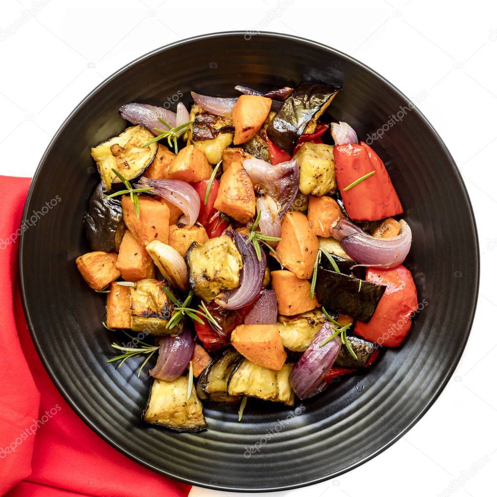Roasted Vegetables on Black Serving Platter Top View