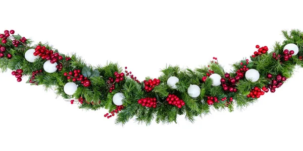 Christmas Garland with Red Berries and Silver Baubles Isolated o — Stock Photo, Image