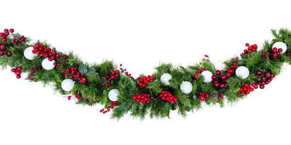 Christmas Garland with Red Berries and Silver Baubles Isolated o
