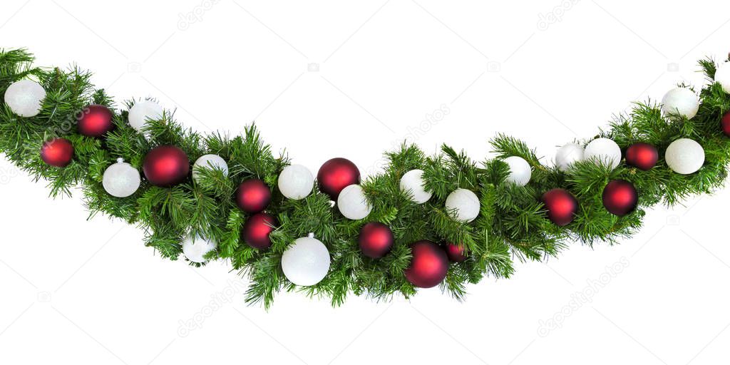 Christmas Garland with Red and Silver Baubles Isolated on White