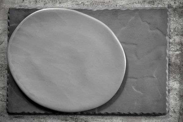 Rustic Oval Gray Plate Slate Top View — Stock Photo, Image