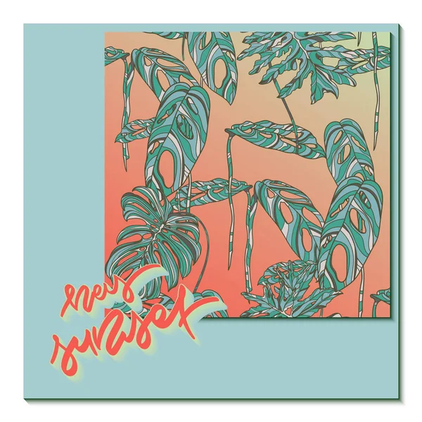 Hey tarjeta del atardecer con hojas tropicales . — Vector de stock