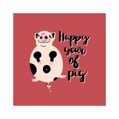 Şişman sevimli domuzcuk. Düz el çizilmiş vektör kartı.