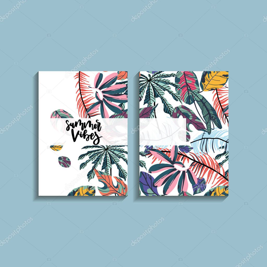 Tropical palm leaves background. Card design with jungle leaves and handwritten lettering quote - summer vibes. Vector illustration in trendy style. 