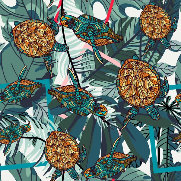Тропічні пальми листя і черепахи безшовний візерунок — стоковий вектор