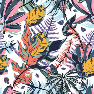 Tropikal palmiye yaprakları, orman yaprak Dikişsiz desen beyaz arka plan üzerinde. Vektör çizim trendy tarzı. 