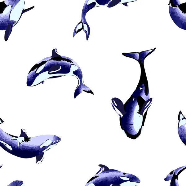 Kézzel Rajzolt Kardszárnyú Delfin Varrat Nélküli Mintát Fehér Backround Tökéletes — Stock Vector